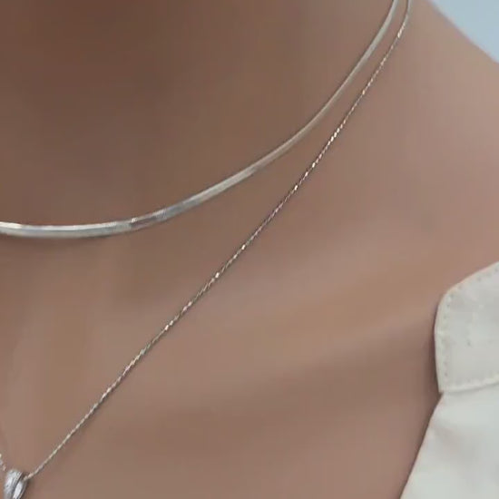 Solid Silver Layered CZ Heart Pendant Necklace Set | Herringbone Chain, Beautiful Gift