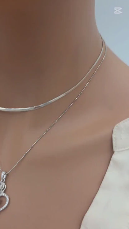Solid Silver Layered CZ Heart Pendant Necklace Set | Herringbone Chain, Beautiful Gift
