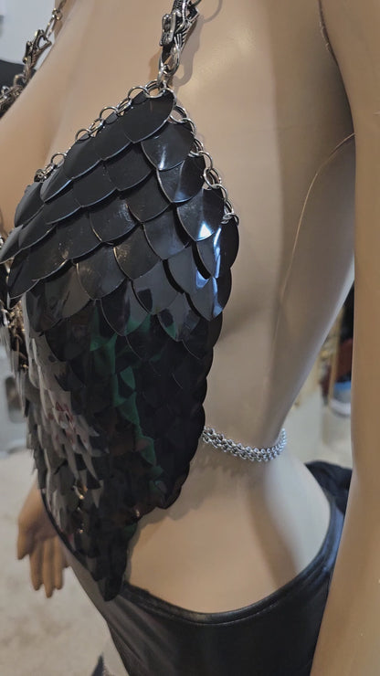 Black Scale Armor Top — Sculptural Wearable Armor in Shiny Black Metal