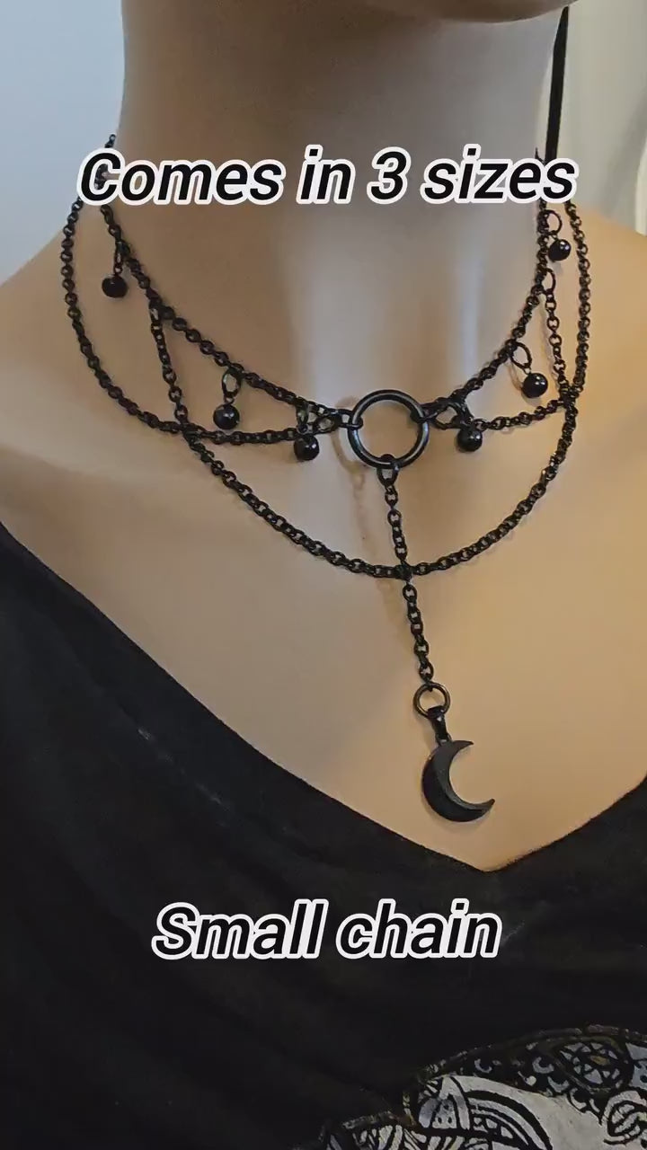 Black Steel Moon Gothic Festoon Layered Choker Necklace | Dark Academia Pagan Witch Edwardian Aesthetic handmade jewelry gift for her