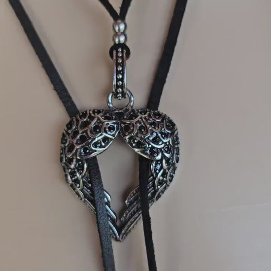 Black Leather Wrap Layered Bolero Style Heart Choker: Gothic Spiked Lariat Necklace