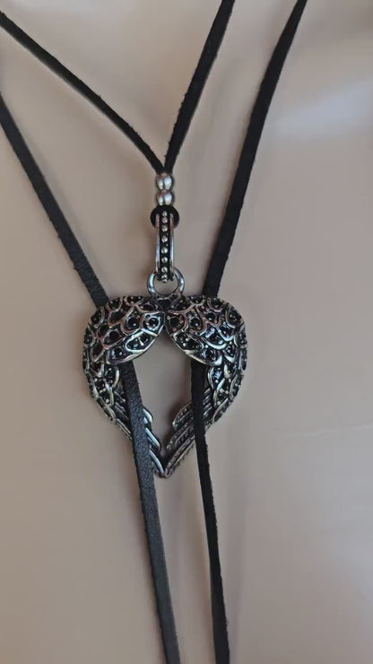 Black Leather Wrap Layered Bolero Style Heart Choker: Gothic Spiked Lariat Necklace