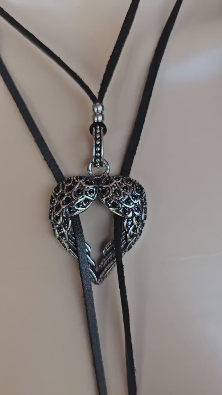 Black Leather Wrap Layered Bolero Style Heart Choker: Gothic Spiked Lariat Necklace