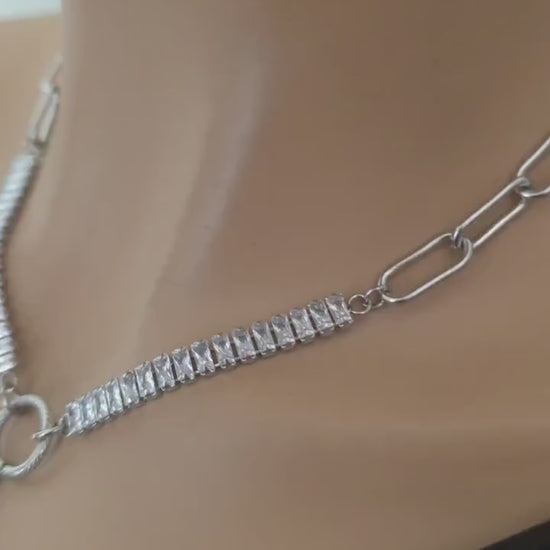 Steel & Cubic Zirconia Baguette Pendant Choker Necklace with Star - Day Collar style, Adjustable