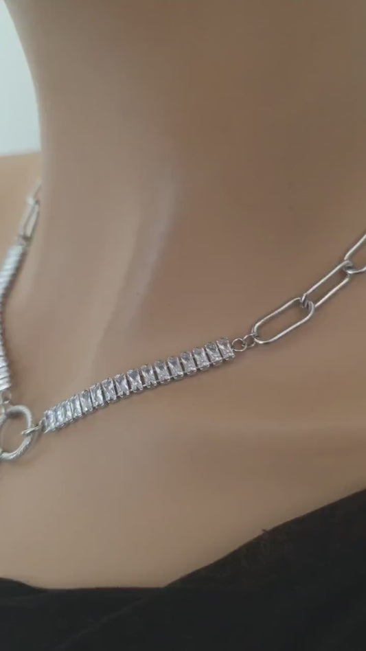 Steel & Cubic Zirconia Baguette Pendant Choker Necklace with Star - Day Collar style, Adjustable