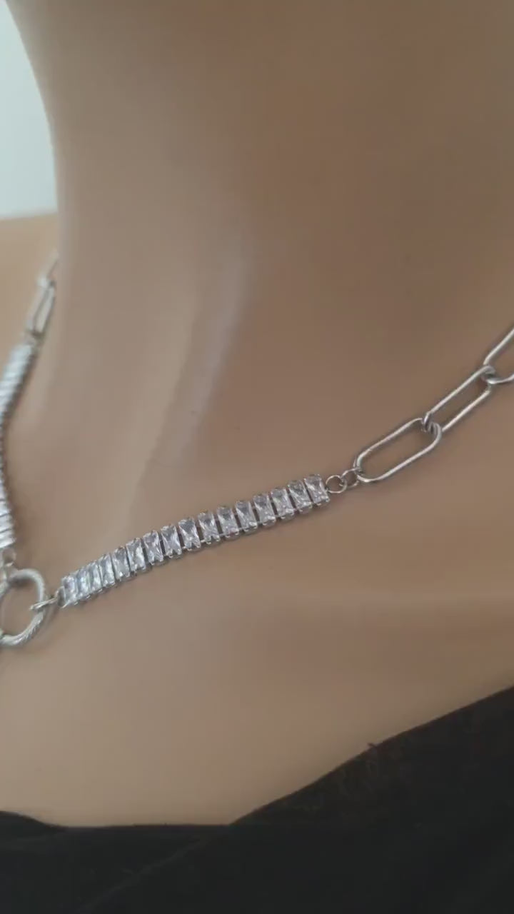 Steel & Cubic Zirconia Baguette Pendant Choker Necklace with Star - Day Collar style, Adjustable