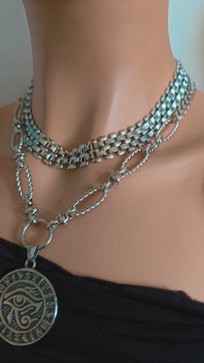 Auge des Horus Lagen-Halskette Set - Ägyptische Schutz Amulett Stahl Halskette Set