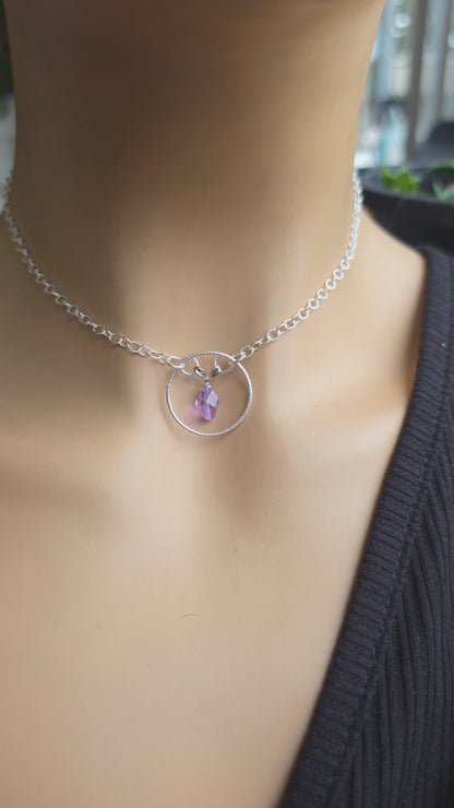 Sterling Silver Day Collar with Lavender Austrian Crystal on O-Ring | Minimalist