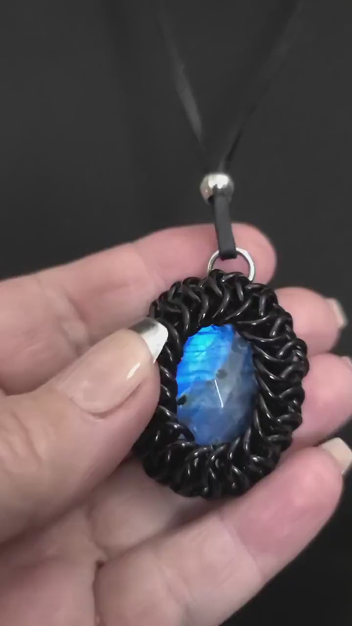 Labradorite Chunky Chainmail Goth Punk Style Necklace | Gorgeous alt grunge jewelry or goth choker gift for her with glowing gemstone