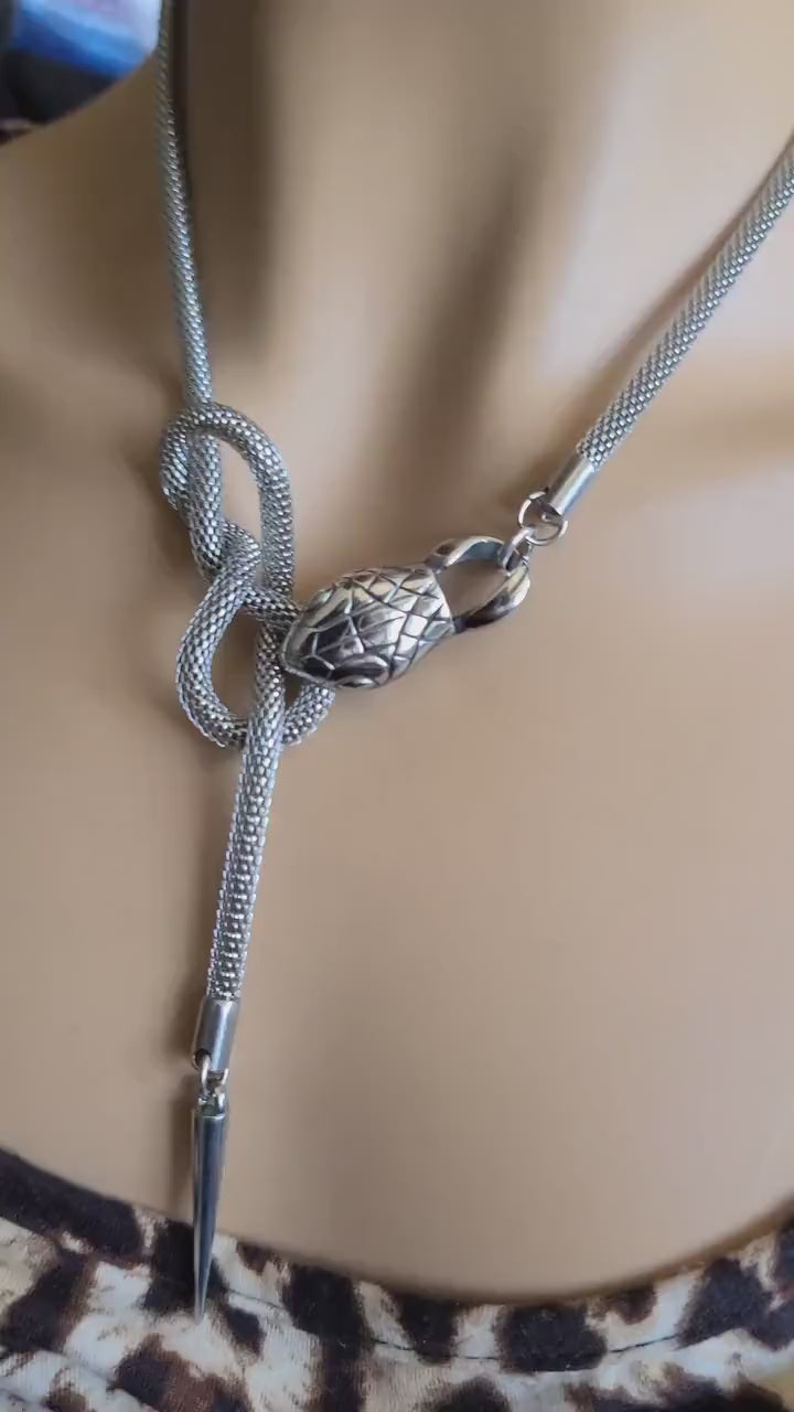 Steel Snake Medusa Ouroboros Stainless Steel Statement Necklace - Unique goth punk aesthetic snake jewelry wrap necklace gift for her