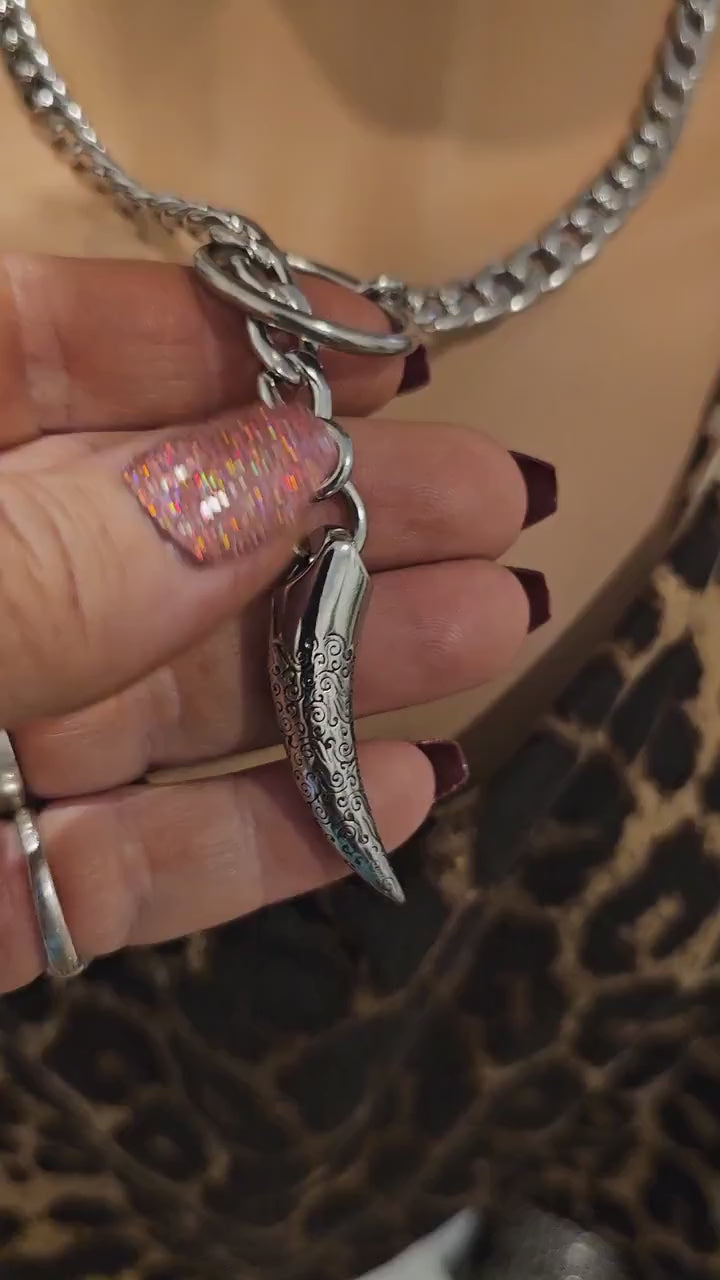 Mens Steel Slip Chain Choker Leash Style Lariat Tusk Pendant Necklace Collar - Lifestyle Jewelry