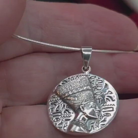 Nefertiti Sterling Silver Necklace | Egyptian Queen Bas Relief Pendant | Ancient Egypt Inspired Jewelry | 925 Silver Snake Chain