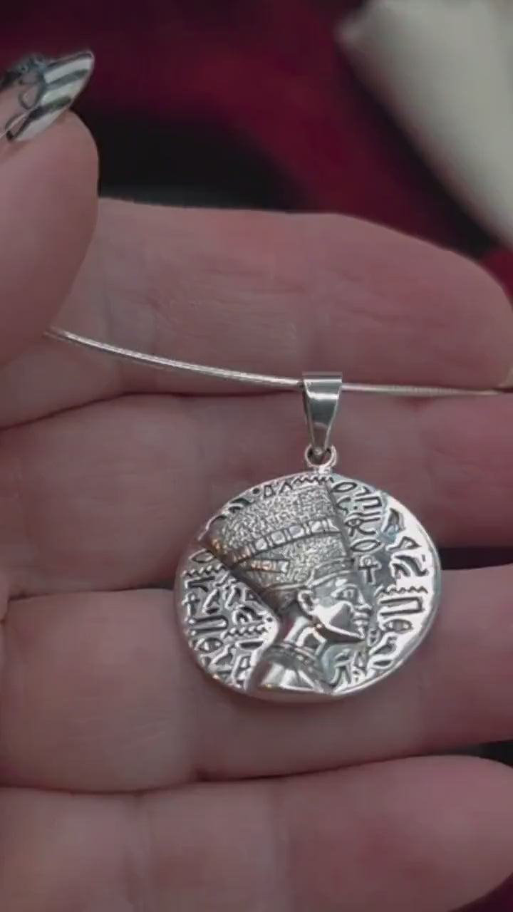Nefertiti Sterling Silver Necklace | Egyptian Queen Bas Relief Pendant | Ancient Egypt Inspired Jewelry | 925 Silver Snake Chain