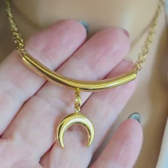 Gold Crescent Horn Moon Pendant Multi Strand Necklace: Witchy Celestial Jewelry