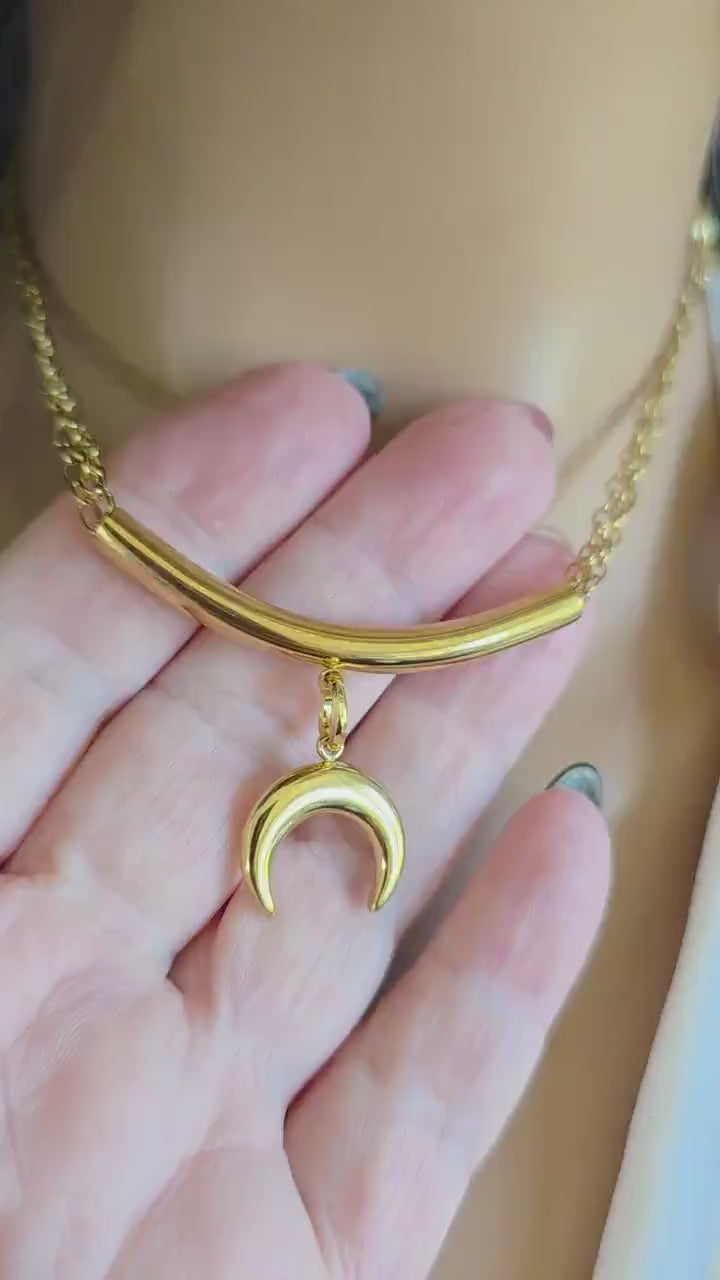 Gold Crescent Horn Moon Pendant Multi Strand Necklace: Witchy Celestial Jewelry