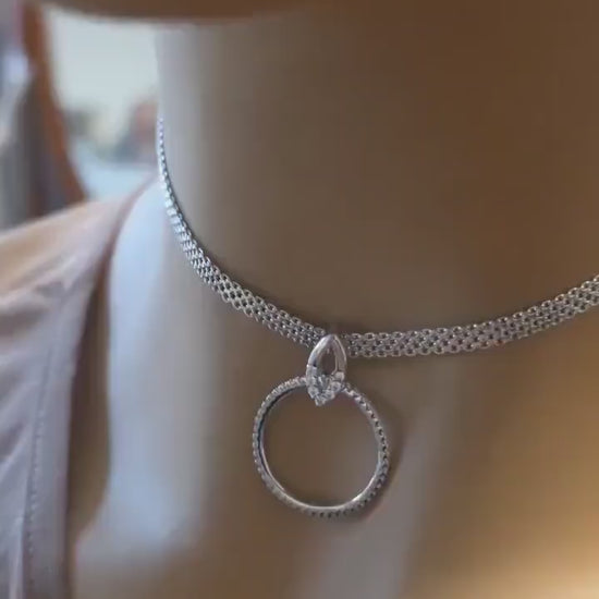 Sterling Silver Day Collar — Full CZ O-Ring Pendant on Rhodium Mesh Chain | 13"–17" Adjustable