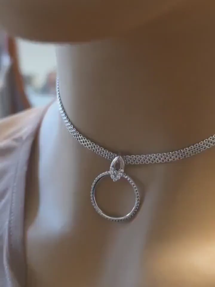Sterling Silver Day Collar — Full CZ O-Ring Pendant on Rhodium Mesh Chain | 13"–17" Adjustable
