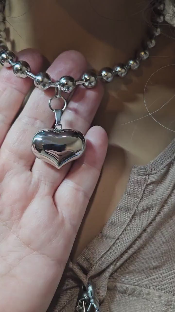 Silver Puffy Heart Necklace on Chunky Ball Chain | Waterproof Non Tarnish Steel | Handmade Jewelry Valentines Day gift for her / choker