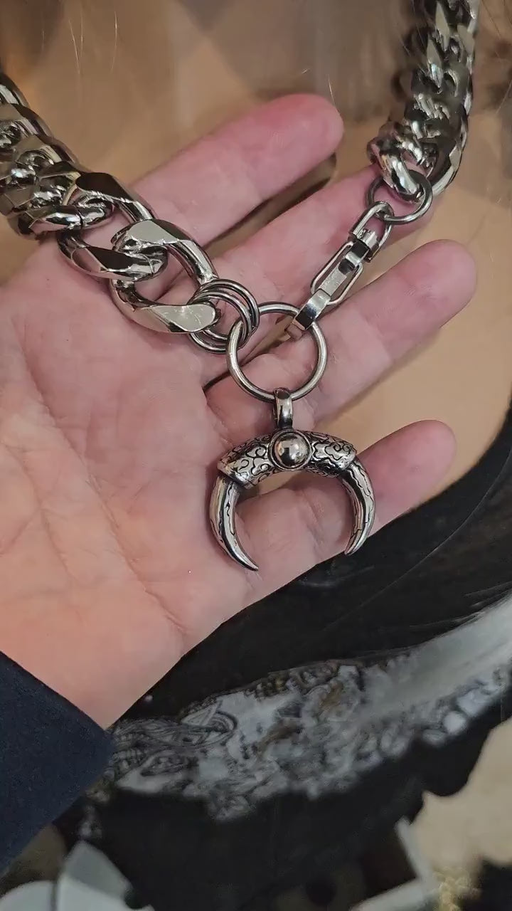 Steel Chunky Chain Goth Oversized Horn Talon Witchy Pagan Necklace | Handmade, Waterproof, alt punk gothic statement necklace gift for her