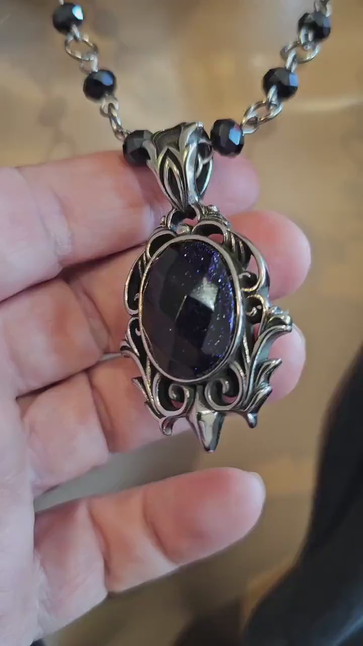 Black Steel Gothic Blue Goldstone Pendant Layered Beaded Necklace | Victorian statement punk aesthetic handmade jewelry gift for her