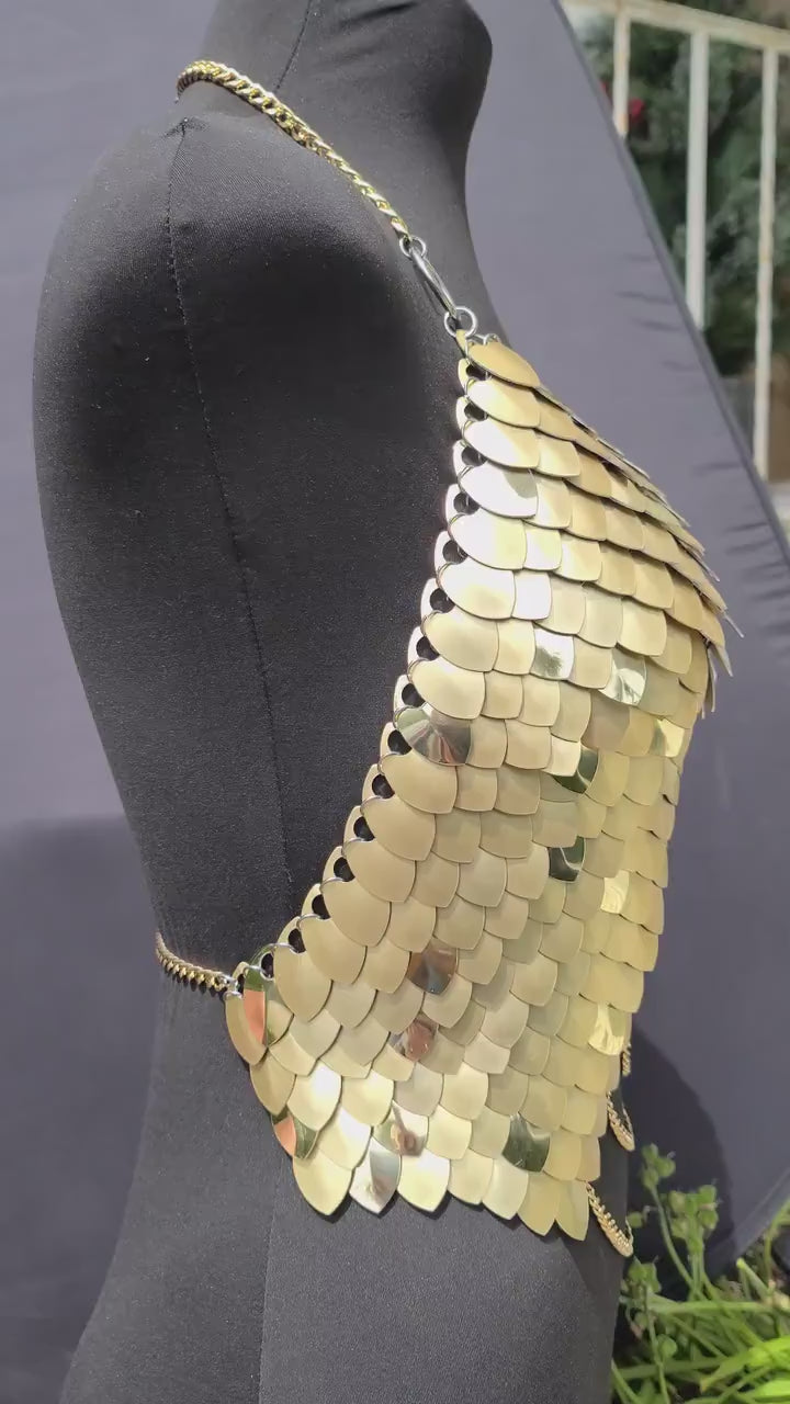 XXL Gold Scalemail Corset Top: Handmade Viking Dragon Cosplay