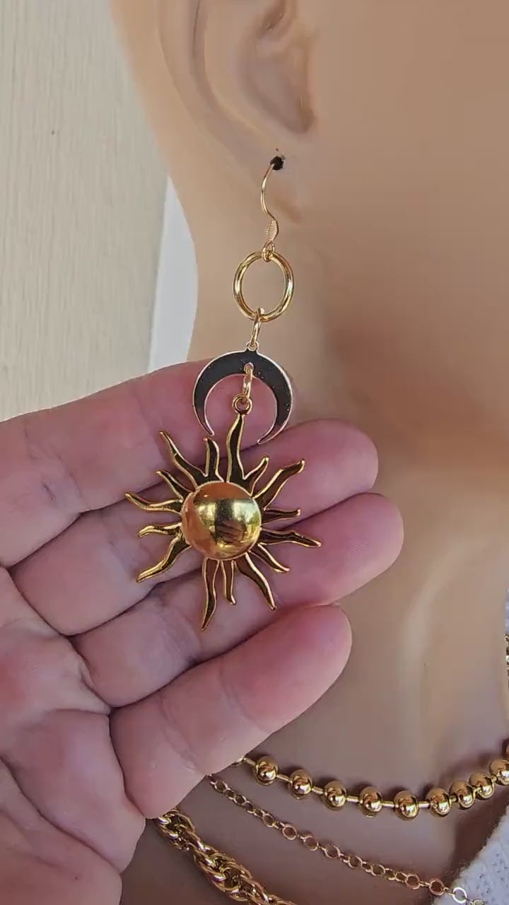 Gold Sun and Moon Crescent Double Horn Earthy Pagan Dangle Earrings Pair, handmade jewelry, witchy gift for her