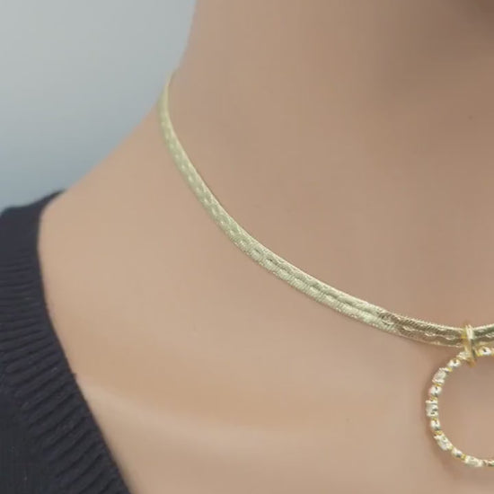 10k Premium Gold Plated Elegant Herringbone and CZ Day Collar Necklace, Romantic Luxury Elegant Partner Jewelry