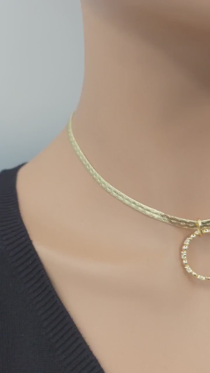 10k Premium Gold Plated Elegant Herringbone and CZ Day Collar Necklace, Romantic Luxury Elegant Partner Jewelry