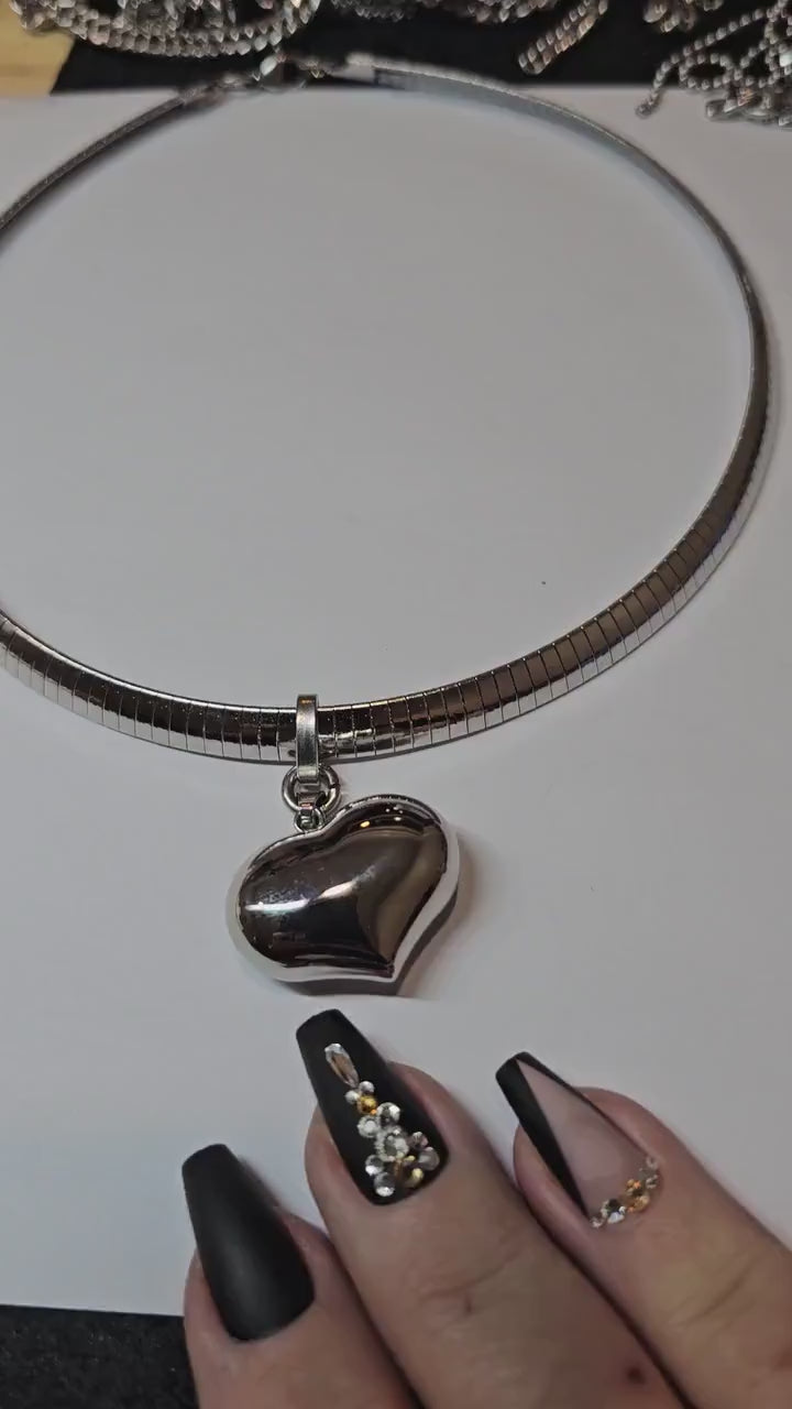 Silver Puffy Heart Necklace on Chunky Herringbone Chain | Waterproof Non Tarnish Steel | Handmade Jewelry Valentines Day gift for her choker