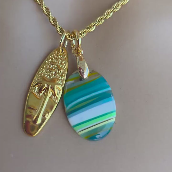 Upcycled Surfboard Resin Pendant with Gold Surfer Charm Necklace – Eco Friendly Ocean Jewelry