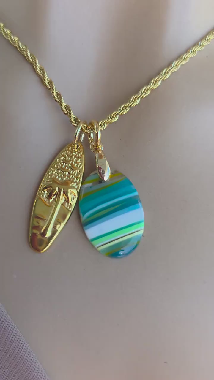 Upcycled Surfboard Resin Pendant with Gold Surfer Charm Necklace – Eco Friendly Ocean Jewelry