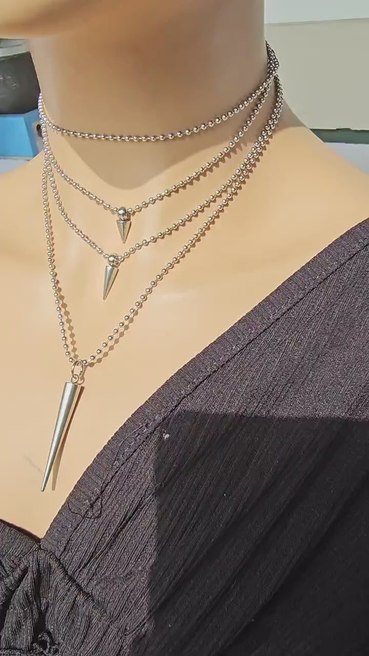Steel Spike Wrap Non-Tarnish Ball Chain Layered Norse Pagan Goth Choker Necklace - Waterproof Punk Grunge Alt Jewelry,