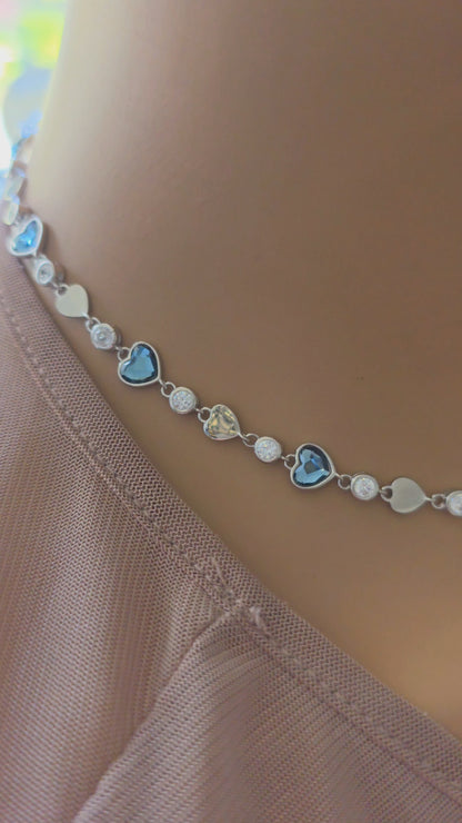 Sterling Silver Austrian Crystal Heart Day Collar Choker Necklace - Intimate Partner Jewelry