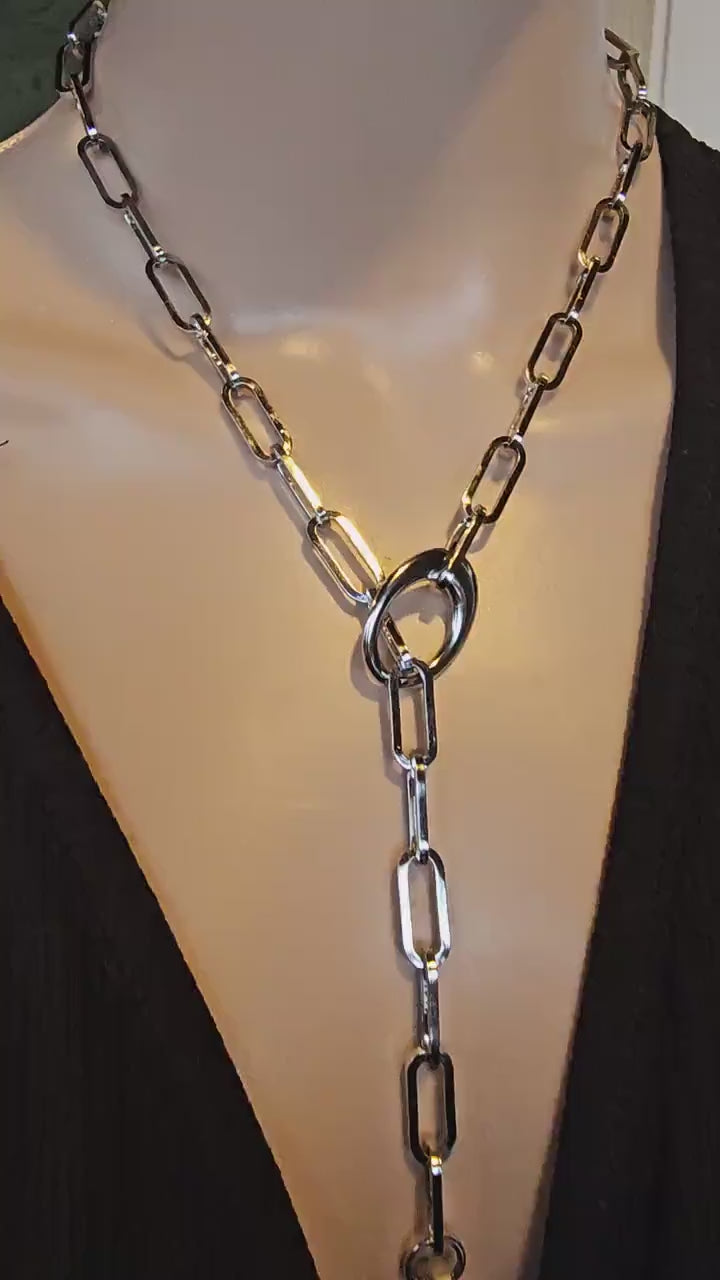 Multi Strand Chunky Paperclip Chain Slipchain Goth Choker Necklace with Bar Pendant - Steel Handmade Dark Academia aesthetic jewelry