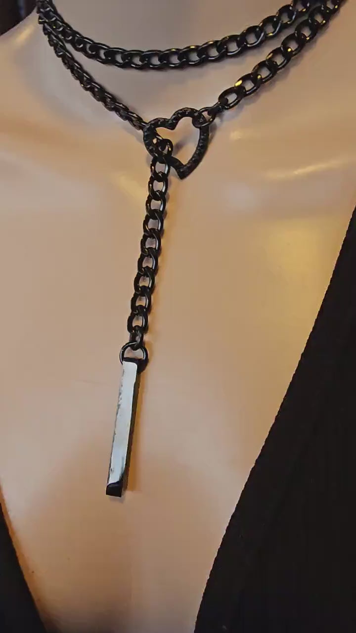 Gothic Slip Chain Black Steel Lariat Choker Wrap Necklace Heart & Bar pendant | Dark Aesthetic statement handmade jewelry, Punk and Goth