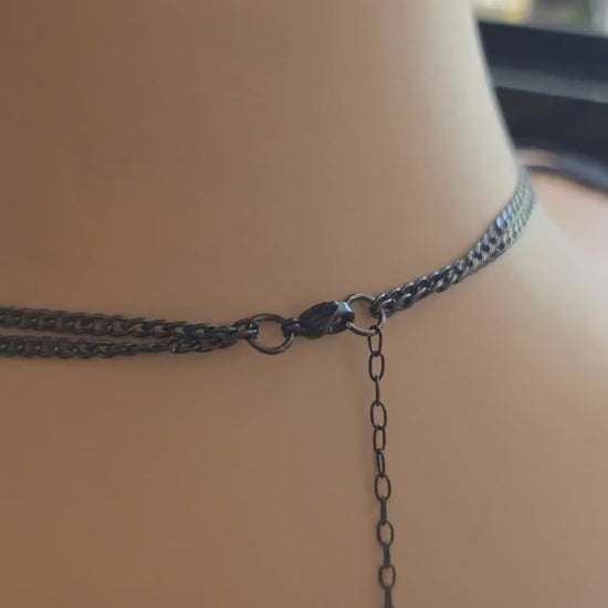 Black Steel Crescent Moon Minimalist Y Necklace | Adjustable Waterproof Gothic Witchy Jewelry