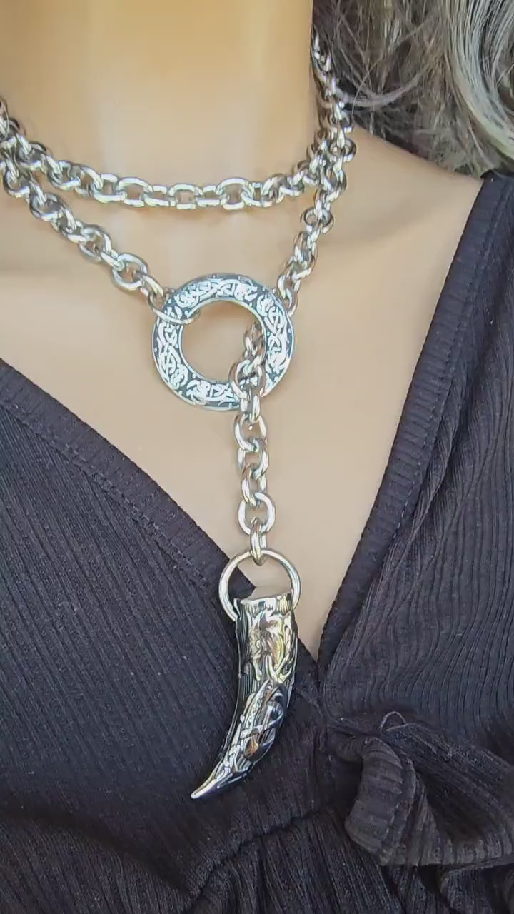 Steel Slip Chain Norse Viking Goth Collar Choker Tusk Leash Layered Necklace | elegant BDSM style gothic Punk aesthetic, self bondage