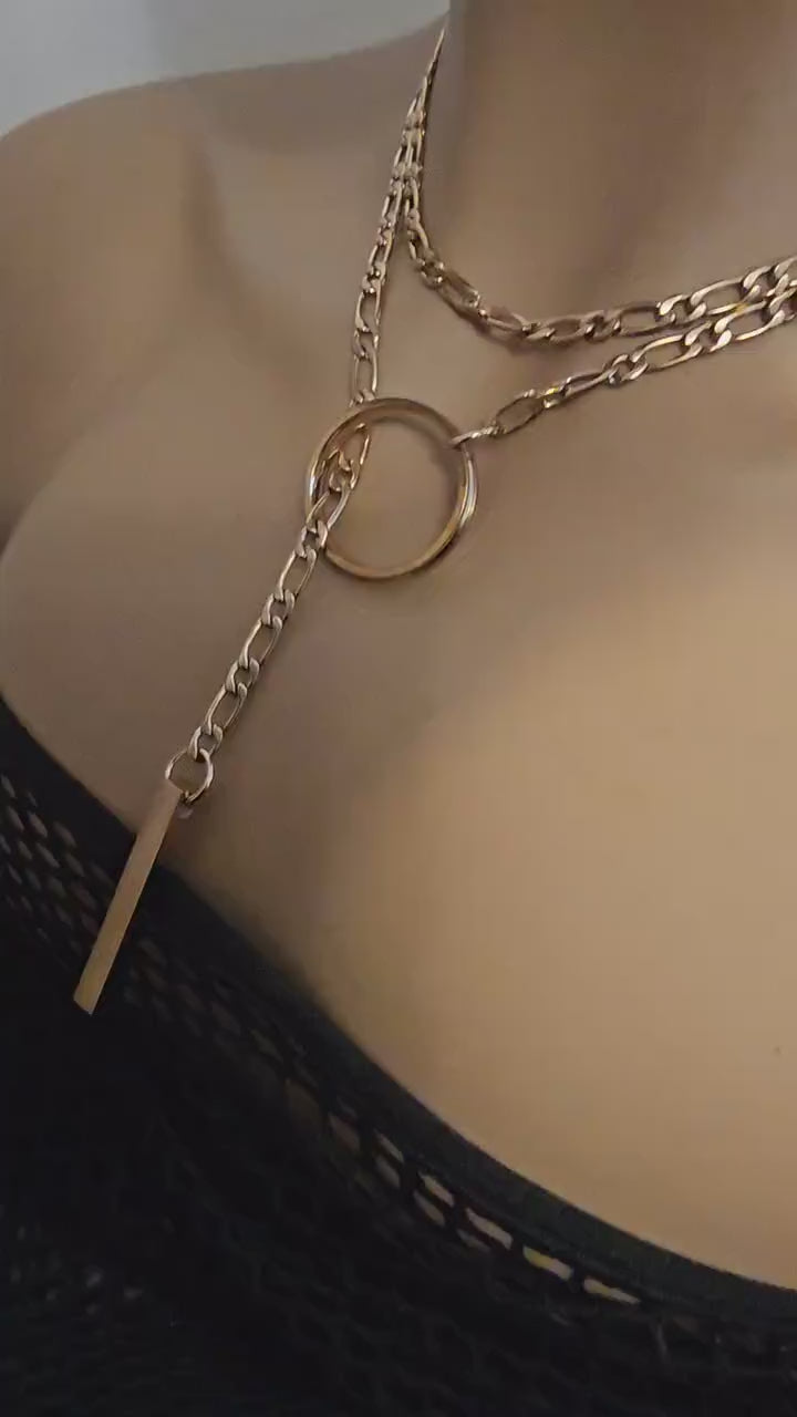 Rose Gold Bar Pendant Lariat Choker Slip Chain Wrap Necklace | Lifestyle BDSM aesthetic statement handmade jewelry gift for her