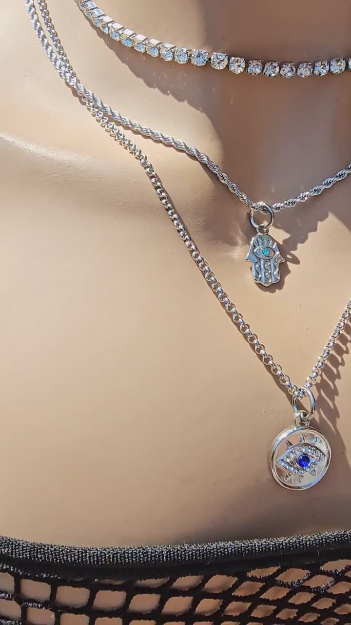 Steel Rhinestone Evil Eye Hamsa Hand Layered Multi Strand Choker Chain Necklace Set | non tarnish waterproof Handmade Jewelry gift for her