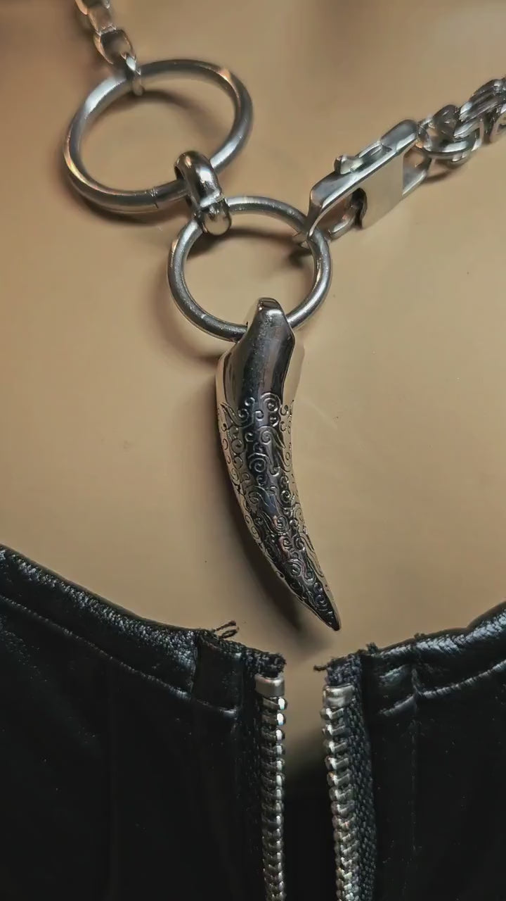 Steel Gothic Punk Aesthetic Alt Necklace with Tusk Pendant - A handmade Jewelry Gift for Her, goth grunge jewelry gift for women