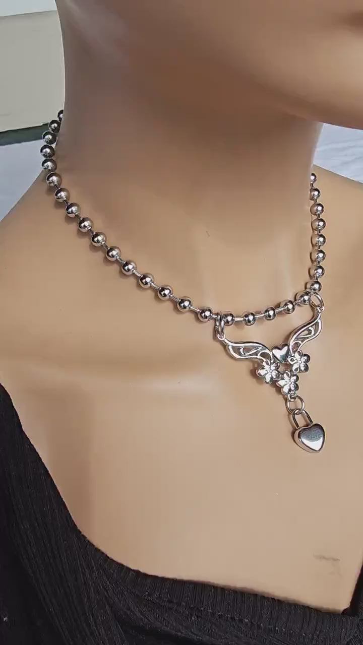 Silver Steel Ball Chain Heart Abstract Y2K Choker Necklace | Waterproof Non Tarnish Handmade Jewelry statement Christmas gift idea for her