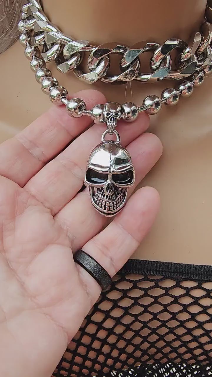 Steel Chunky Ball Chain Goth Punk Skull Choker  Necklace  | A great alt punk style necklace gift for her, grunge jewelry choker