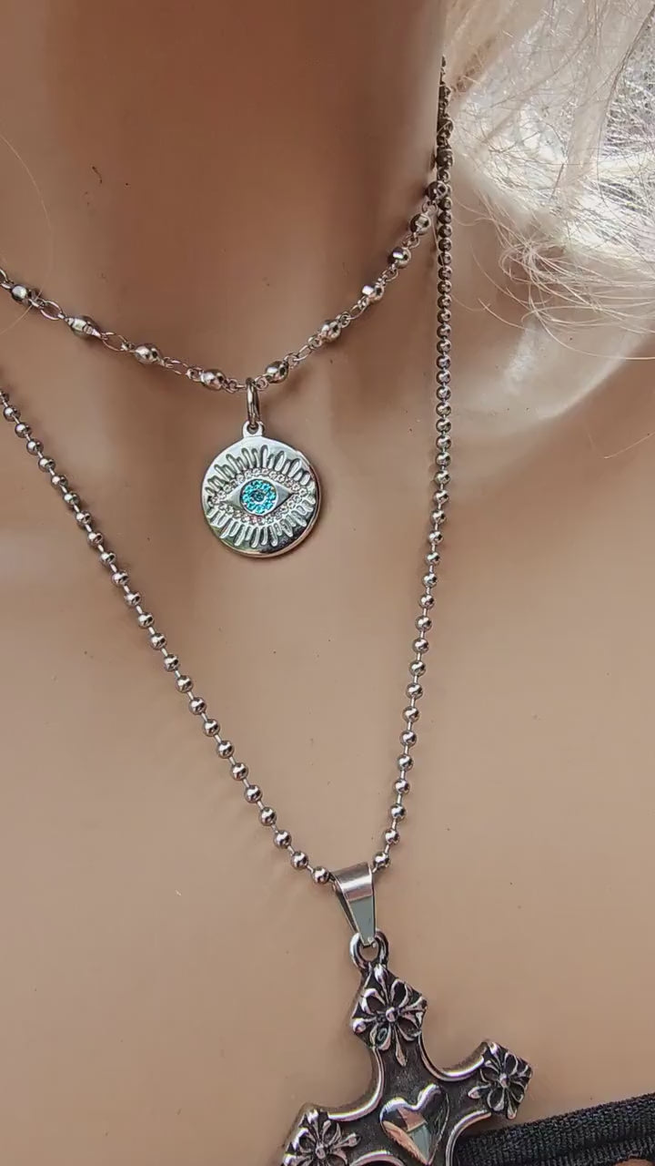 Steel Cross & Evil Eye Layered Choker Chain Necklace Set | non tarnish waterproof hypoallergenic Handmade Jewelry gift for her
