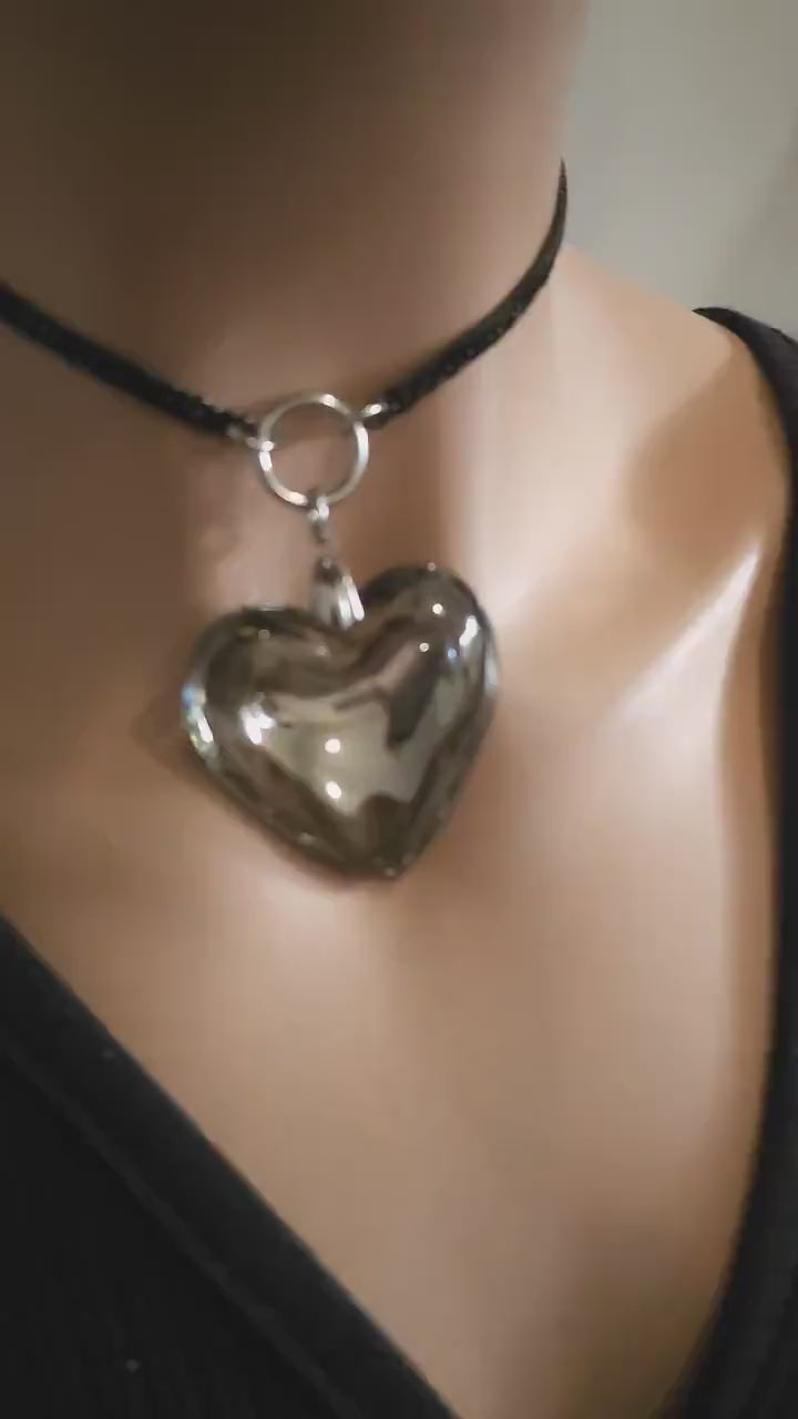 Black Steel Gothic Glass Heart Choker Collar Necklace | statement necklace punk aesthetic handmade jewelry gift for her