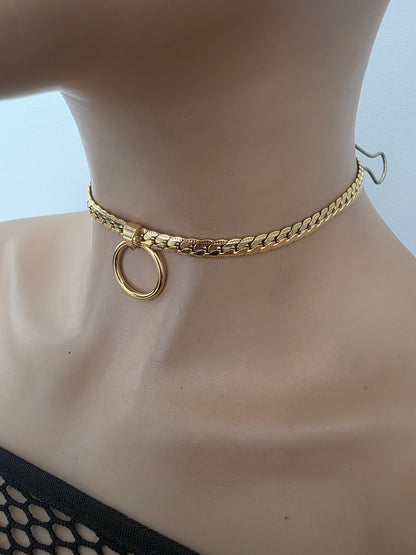 Masc Style Gold Steel Day Collar, O-Ring Pendant, Precision Fit with Locking Option - Herringbone Chain Symbolic Necklace