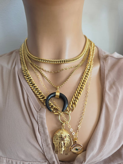 Gold geschichtet Multi Strang klobige Kette Pharoah böse Auge Anhänger Halskette Set