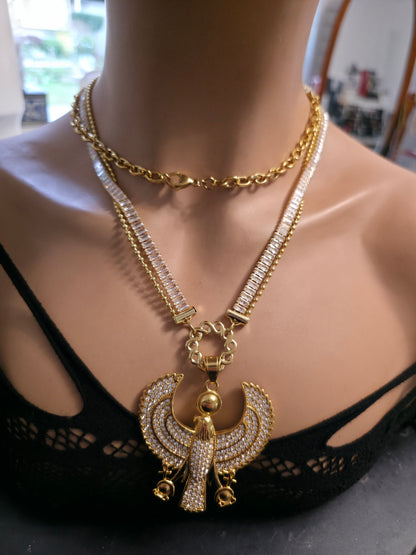Egyptian Layered Necklace Set -- Falcon of Horus CZ Pendant and Gold Festoon Stack - 18K Gold Plated Ankh Sun Necklace - Maximalist Jewelry