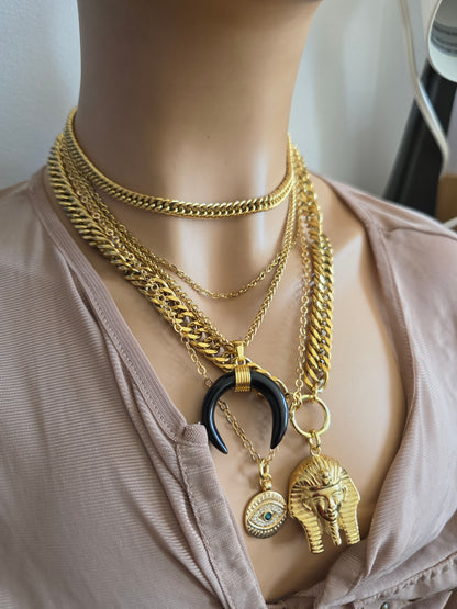 Gold geschichtet Multi Strang klobige Kette Pharoah böse Auge Anhänger Halskette Set