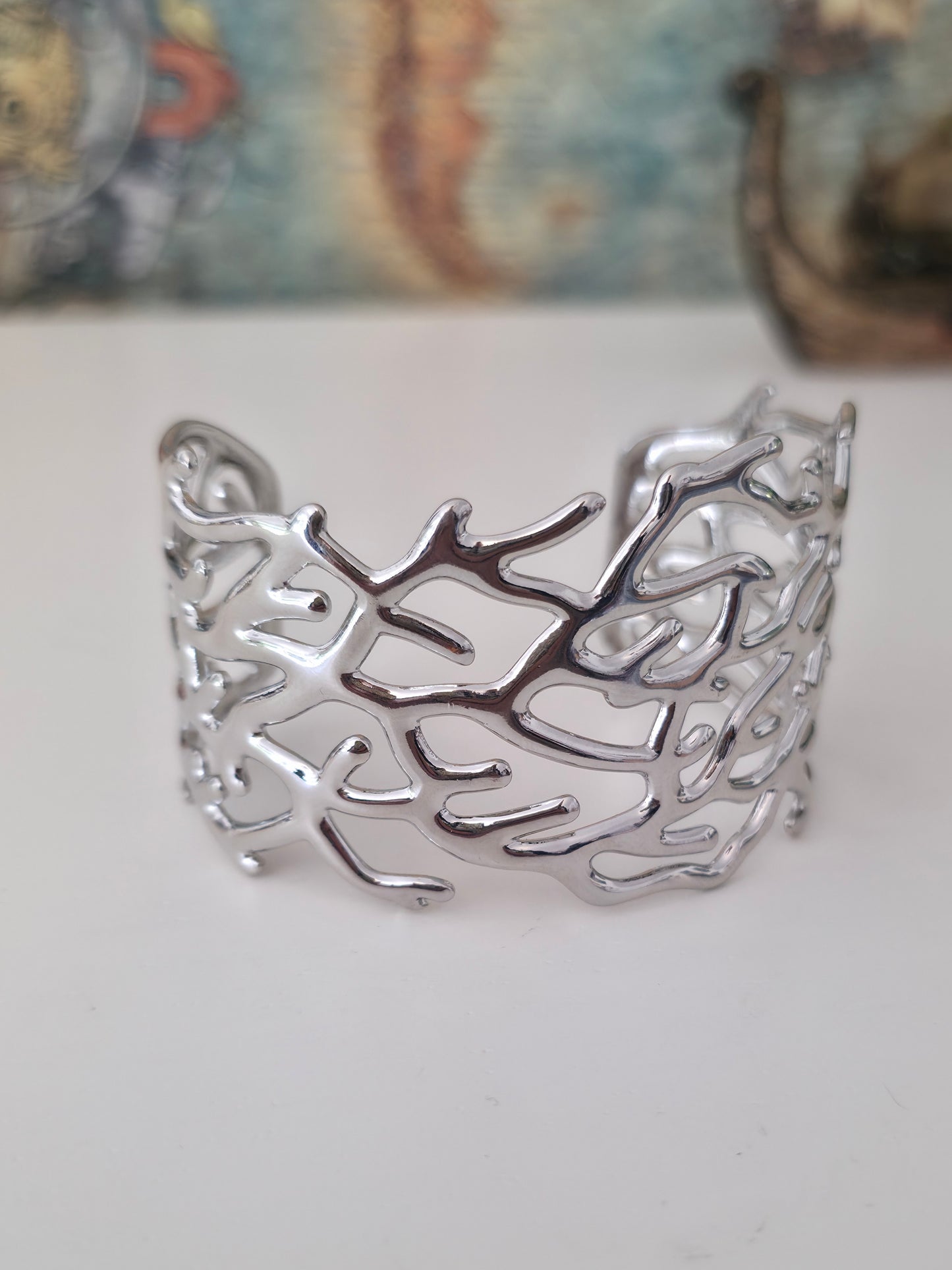 Sea Witch Coral Cuff Bracelet — Wide Statement Cuff — Stainless Steel — Silver