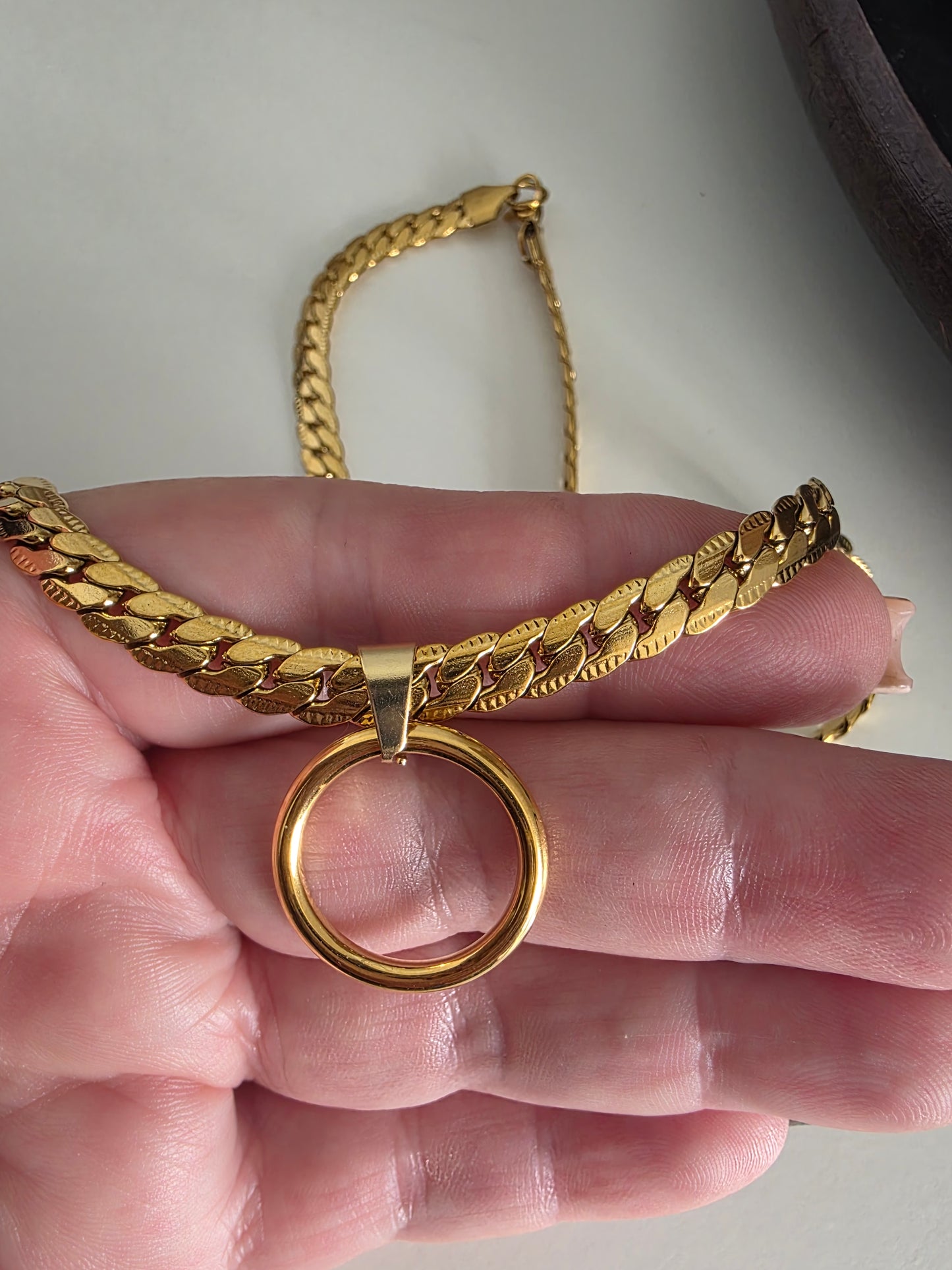 Masc Style Gold Steel Day Collar, O-Ring Pendant, Precision Fit with Locking Option - Herringbone Chain Symbolic Necklace
